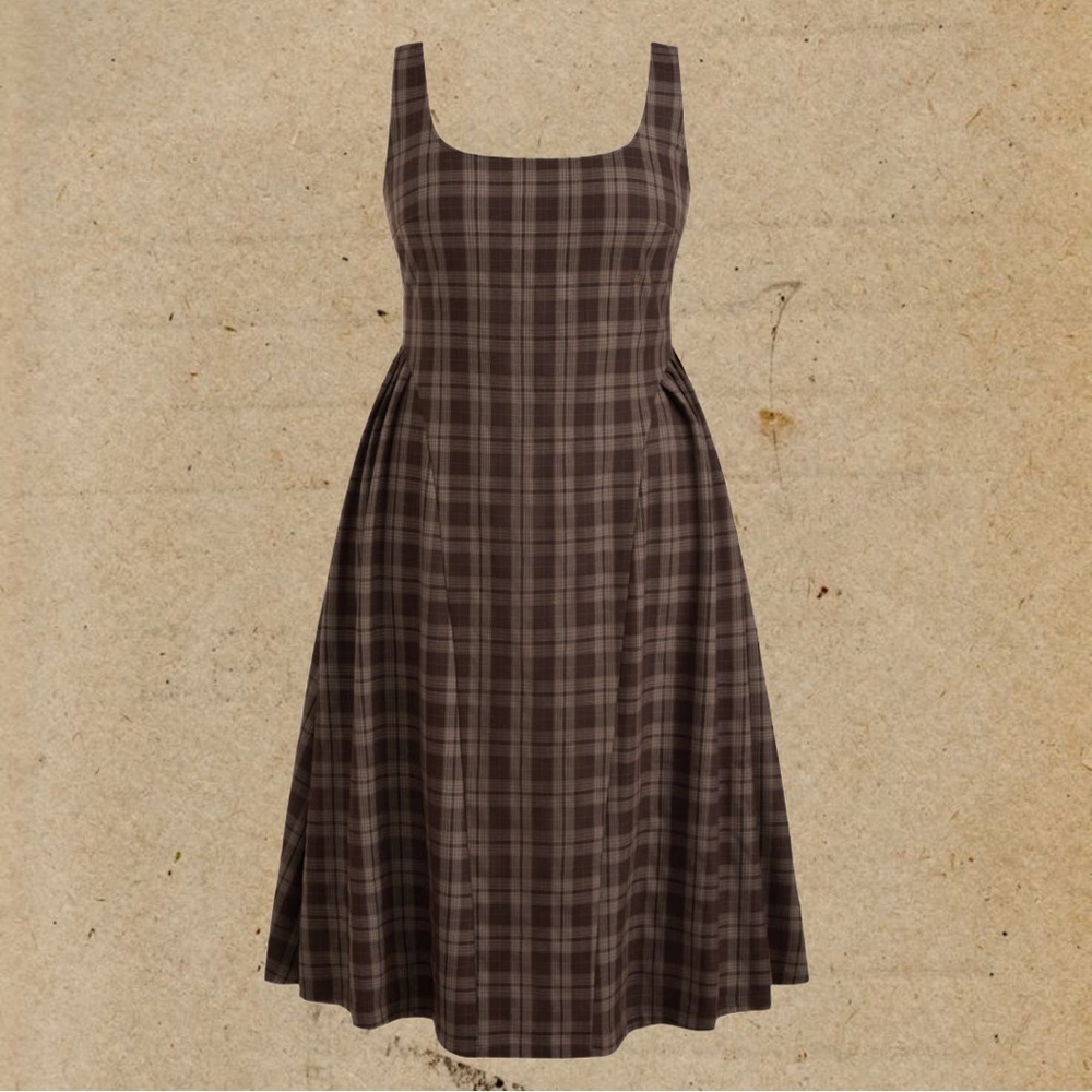 Cider Brown Plaid Tartan Check Square-Neck Pleated A-Line Maxi Dress Sz XL/0X